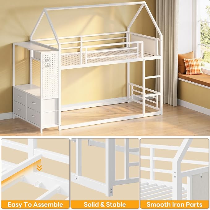 LIKIMIO Bunk Bed Twin Over Twin, House Bed Frame with 6 Storage Drawers,Hall Tree, Twin Bed with Metal Slats for Dormitory and Bedroom, Space Saving, No Box Spring Needed, White
