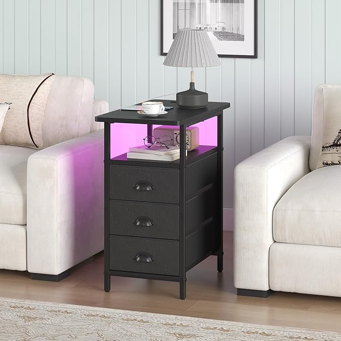 sthmec End Table with Charging Station,LED Side Tables with USB Ports and Outlets,Narrow Nightstands Bedside Tables with 3 Drawers PU Finish for Small Space,Slim Sofa Table for Livingroom,Black