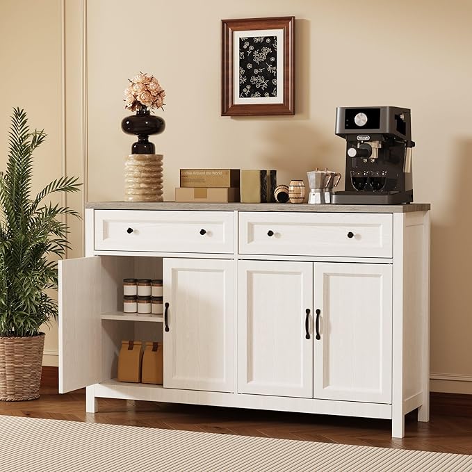 Gizoon Farmhouse Kitchen Sideboard Buffet Cabinet with Storage, Wood Coffee Bar and Storage Sideboard with Drawers and Doors for Kitchen, Dining Room, 15.7" D x 55.1" W x 35.3" H, White/Grey