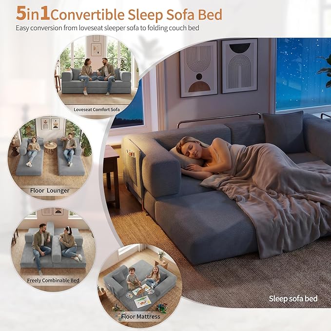78.8" Convertible Sofa Bed with Armrest Pillow, 4-in-1 Sleeper Couch Bed for Livingroom, Modular Corduroy Boneless couches, No Assembly (Grey)