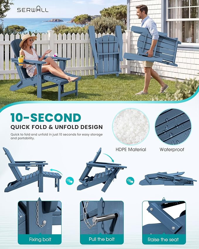SERWALL Folding Adjustable Adirondack Chairs with Footrest Set of 2, HDPE Outdoor Chair with Dual Cup Holders, All Weather Adirondack Chair with Ottoman, Blue