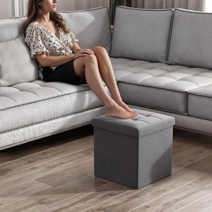 Magshion Folding Storage Ottoman Cube, 15 Inches Small Foot Rest Stool, Square Ottoman with Storage for Bedroom, Living Room, Dorm, Dark Gray