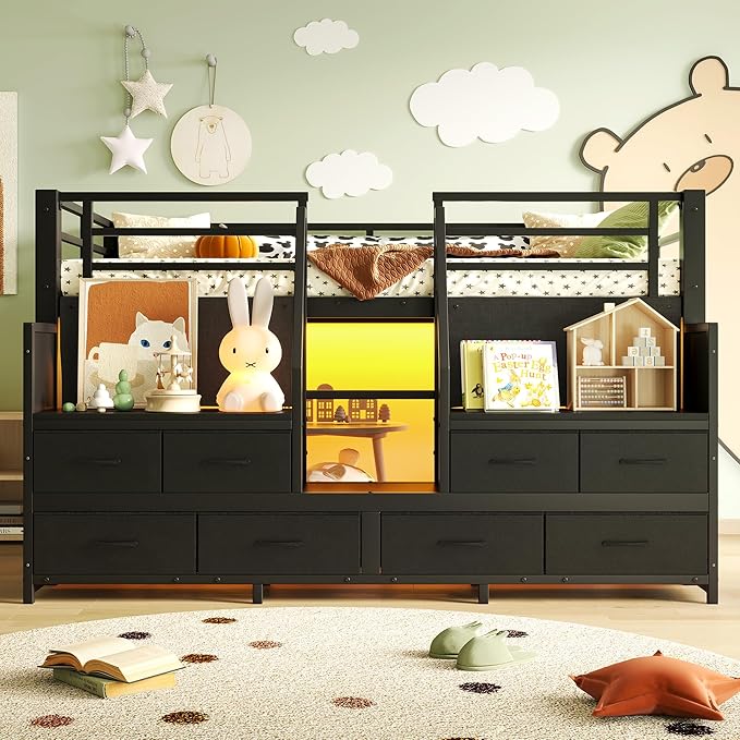Bellemave Twin Size Loft Bed with 8 Non-Woven Fabric Storage Drawers and Bookshelf, Low Loft Bed with Lights and Private Play Curtain, Twin Loft Beds with High Rails, Noise Reduced Black
