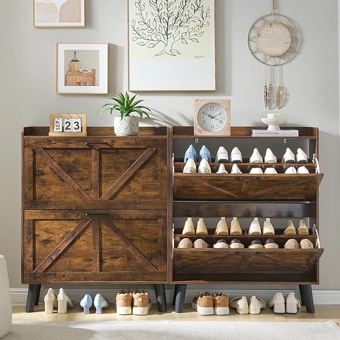 LEYAOYAO Shoe Cabinet Storage for Entryway with 2 Flip Drawers Rack Narrow Organizer Slim Hidden Wood Shoe Cabinet Furniture Brown