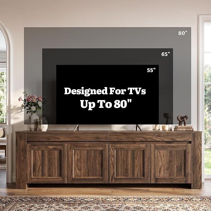 YITAHOME 70 inch TV Stand for up to 80 inch TVs, Farmhouse Entertainment Center with Storage Doors and Shelves, Media Console Table with Cable Holes for Living Room, Dark Walnut