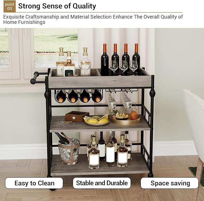 3-Tier Bar Cart with Wheels, Mobile Rolling Beverage Cart with Wine Rack, Glass Holder & Removable Top Tray, Serving Cart, Retro Trolley for Kitchen, Dining Room, Living Room, 35.4" x 15.7" x 34.1"