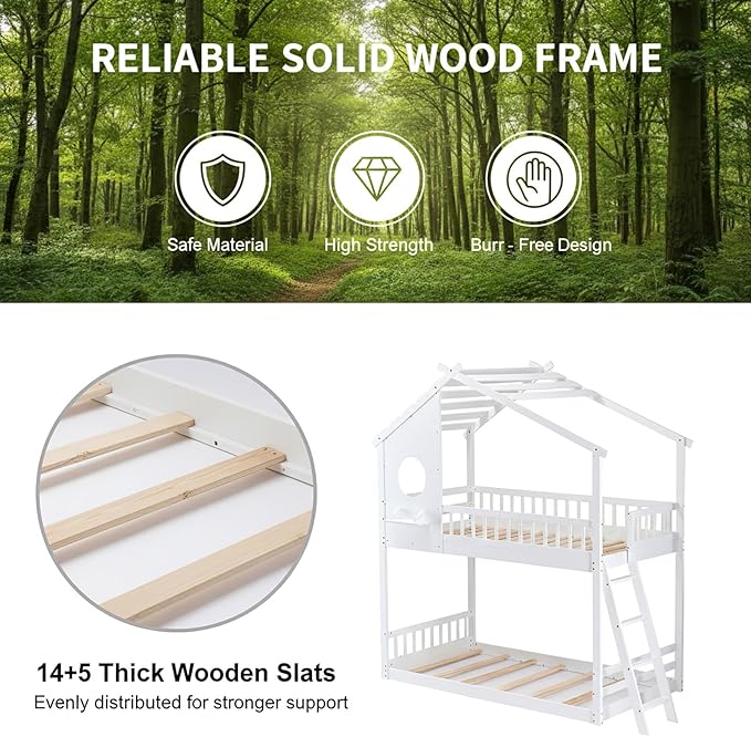 DUMOS Wood Twin Over Twin House Bunk Bed, Loft Bed with Ladder, Safety Guardrail, Wooden Slats & Window, Kids Twin Bed Frame for Teens Juniors, Freely Decorative House Roof