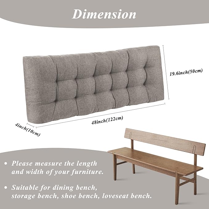 Bench Cushion for Indoor Furniture 48x19 inch Rectangle Bench Seat Cushion for Bay Window Entryway Bench Thick Textured Chair Cushion with Non-Slip Backing 2 Pack, Light Grey