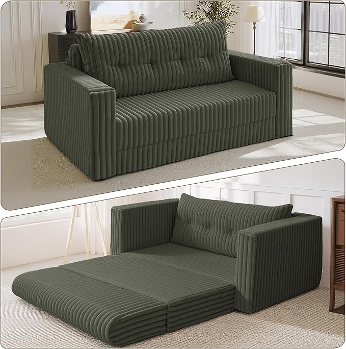 HABUTWAY 49.8" Loveseat Boneless Couch, 4-in-1 Convertible Sofa Bed, Plush Fur Folding Futon Sofa Bed Couches with a Pillow for Living Room, High-Density Foam Support, No Assembly Required, Green