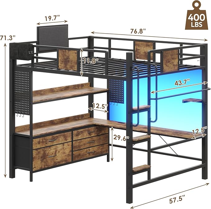 BYSAUD Full Size Loft Bed with Desk and 5 Drawers, Stable Metal Loft Bed Frame with Upholstered Backrest, Stairs, Power Outlet & LED Lights, Noise Free Space-Saving Design, Rustic Brown