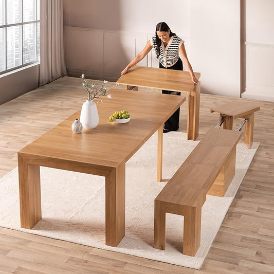 Transformer Table - Solid Wood Extendable Dining Table, Seats 2-12, Expandable Dining Room Table, Space-Saving Furniture, Kitchen and Dining Room Furniture (Natural, Table + Bench)