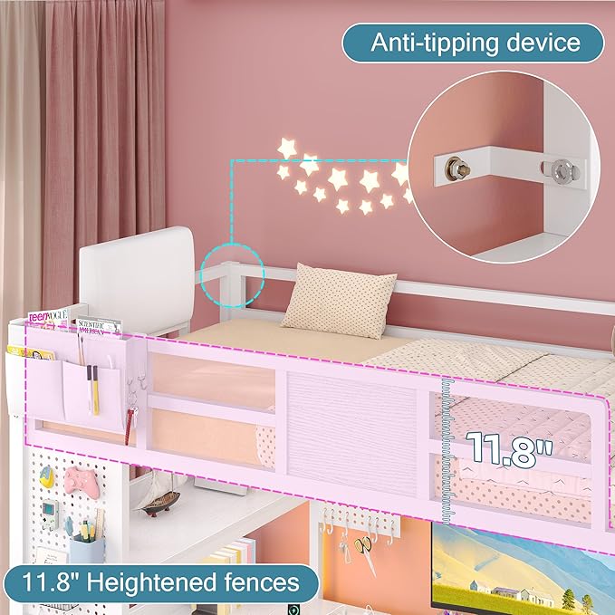 busyaeh Loft Bed with Desk,Twin Loft Bed with Desk & LED Lights and Charging Station,Bunk Bed with Desk & 5 Large Drawer Cabinets and 2 Open Shelves,Loft Bed Twin Size with Safety Guard Ladder,White
