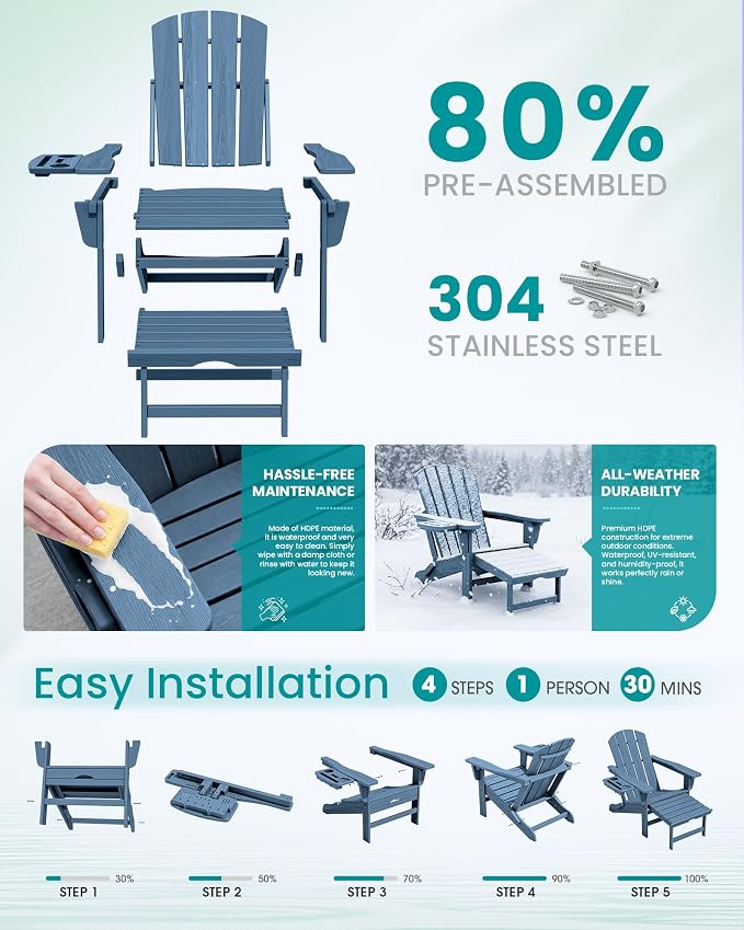 SERWALL Folding Adjustable Adirondack Chair with Footrest, HDPE Outdoor Chair with 4-in-1 Cup Holders, All Weather Adirondack Chair with Ottoman, Blue