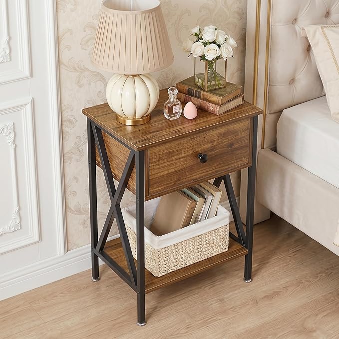 VECELO Nightstands Set of 2, Modern Bedside End Tables, Night Stands with Drawer and Storage Shelf for Living Room Bedroom, Industrial Metal Frame