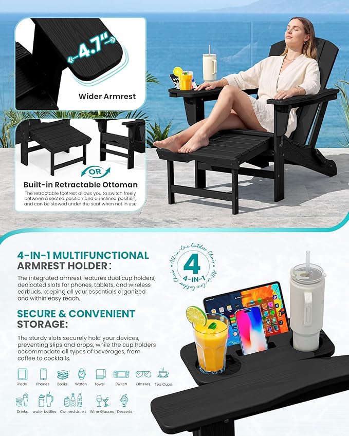 SERWALL Folding Adjustable Adirondack Chair with Footrest, HDPE Outdoor Chair with 4-in-1 Cup Holders, All Weather Adirondack Chair with Ottoman, Black