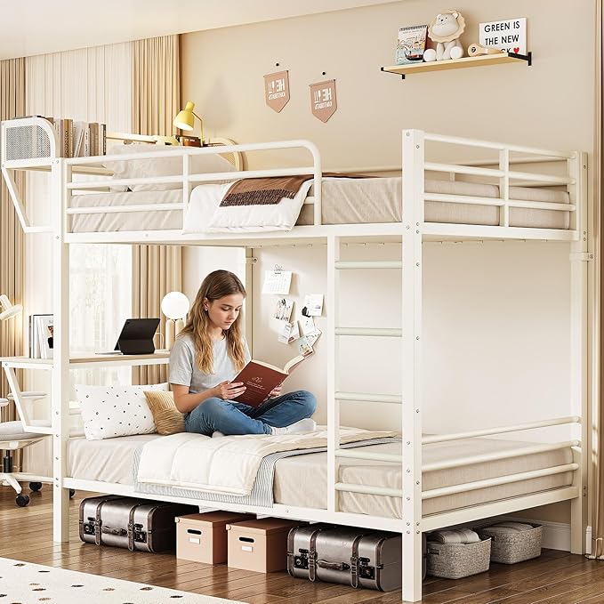 Bunk Bed Twin Over Twin, Metal Bunk Beds with Power Outlets & Desk, Heavy-Duty Bunkbeds Frame with Safety Guardrail & Ladders, Upper Bed with Storage Rack, No Box Spring Needed, for Juniors, White