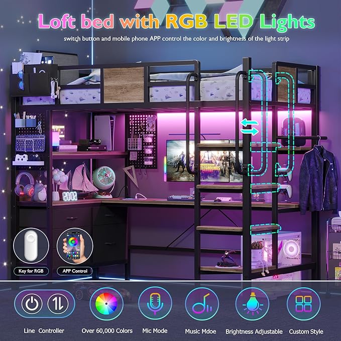 BYSAUD Twin Loft Bed with Desk and Storage, Metal Bunk Bed with 5 Drawers and 2 Pegboards, Heavy Duty Loft Bed Twin Size with LED Lights and Charging Station for Teens Adults, Noise Free, Gray