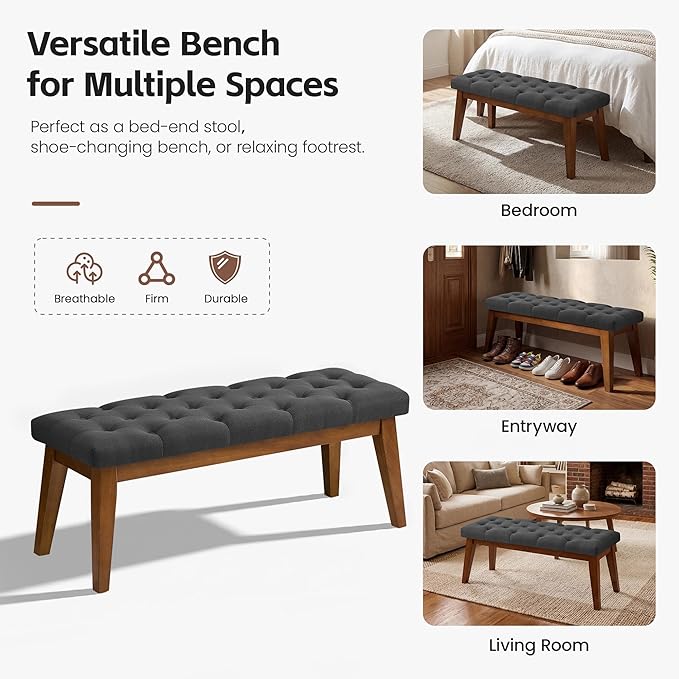 43.5" Upholstered Bedroom Bench, Linen Entryway Bench with Solid Wood Legs, End of Bed Bench with Cushion, Tufted Button Dining Bench for Living Room, Bedroom, Hallway, Dark Grey