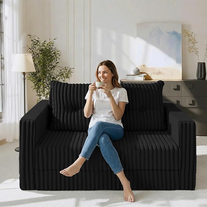 HABUTWAY 41.3" Loveseat Boneless Couch, 4-in-1 Convertible Sofa Bed, Plush Fur Folding Futon Sofa Bed Couches with a Pillow for Living Room, High-Density Foam Support, No Assembly Required, Black