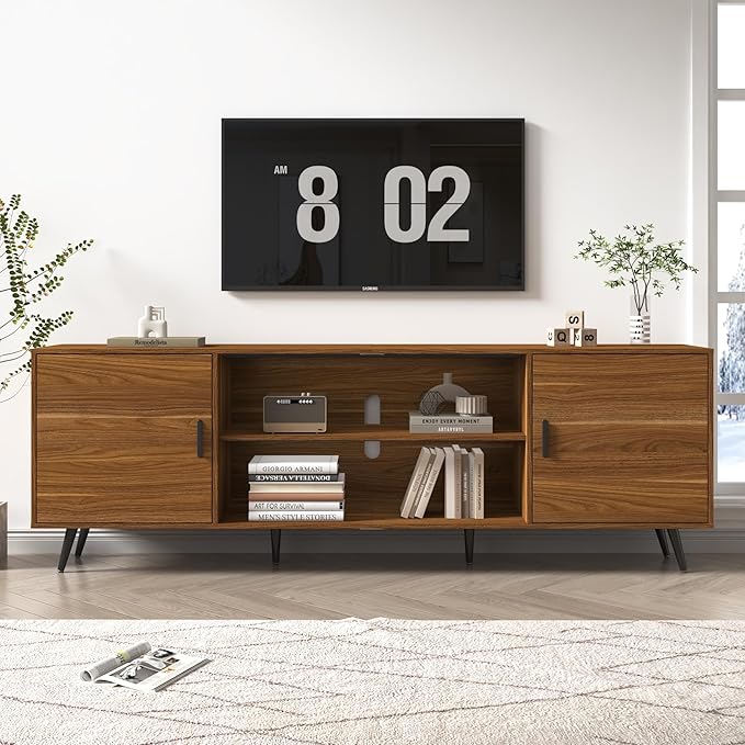 80 Inch Mid Century Modern TV Stand for 75 Inch TV, Wood TV Stand with Storage, Entertainment Center for Living Room Bedroom, TV Media Console, Walnut