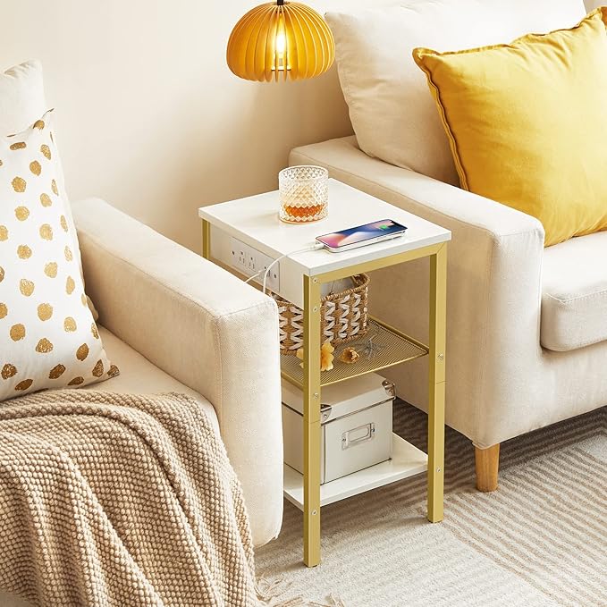 HOOBRO Side Table with Charging Station and USB Port, Small End Table for Small Space, 3-Tier Nightstand with Adjustable Shelf, for Living Room, Bedroom, White and Gold DW112BZ01G1