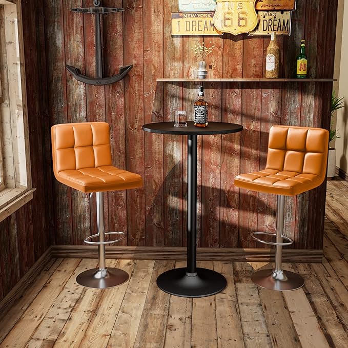 Homall Bar Stools Modern PU Leather Adjustable Swivel Barstools, Armless Hydraulic Kitchen Counter Bar Stool Extra Height Square Island Barstool with Back Set of 2 (Leather, Orange)