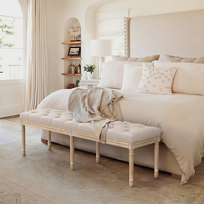 LUE BONA 60" Fabric End of Bed Bench, Upholstered Tufted French Bedroom Bench with Carved Legs for Bedroom End of King Size Bed, Living Room, Linen