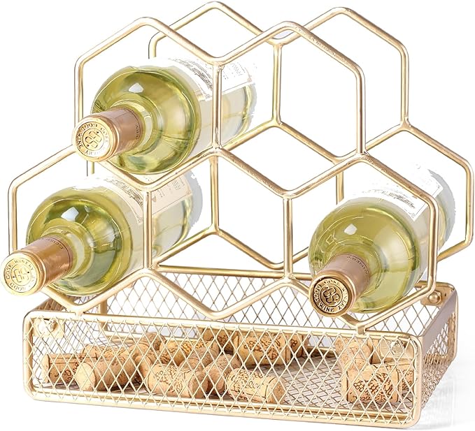 Countertop Wine Rack - 6 Bottle with Cork Storage Freestanding Modern Gold Metal Wine Rack - Tabletop Wine Holder Stand for Cabinet, Pantry, Wine Bottle Storage…