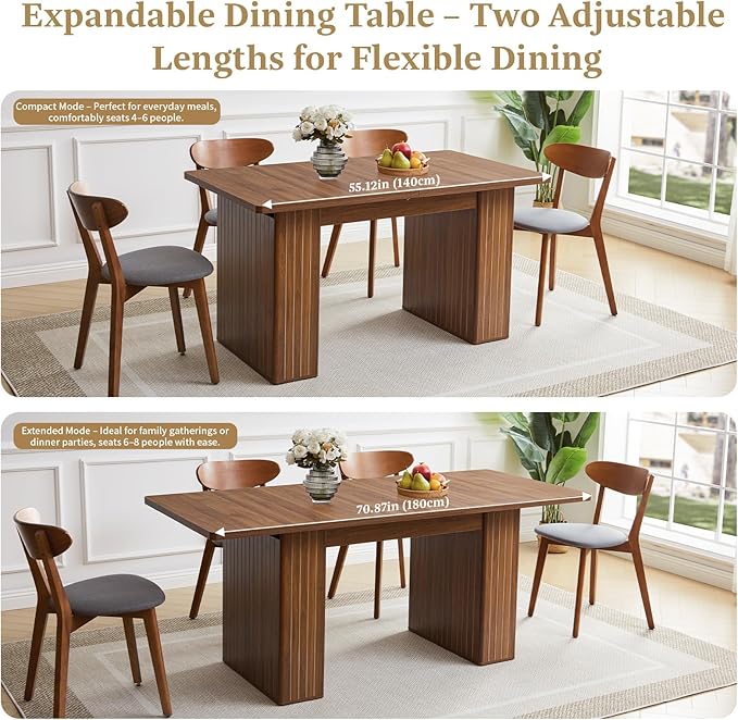 55 in–71 in Extendable Rectangular Dining Table for 4–6, Modern Farmhouse Expandable Kitchen Table with Carved Line Base, Wooden Dinner Table for Kitchen Living Room Home Office (Walnut)