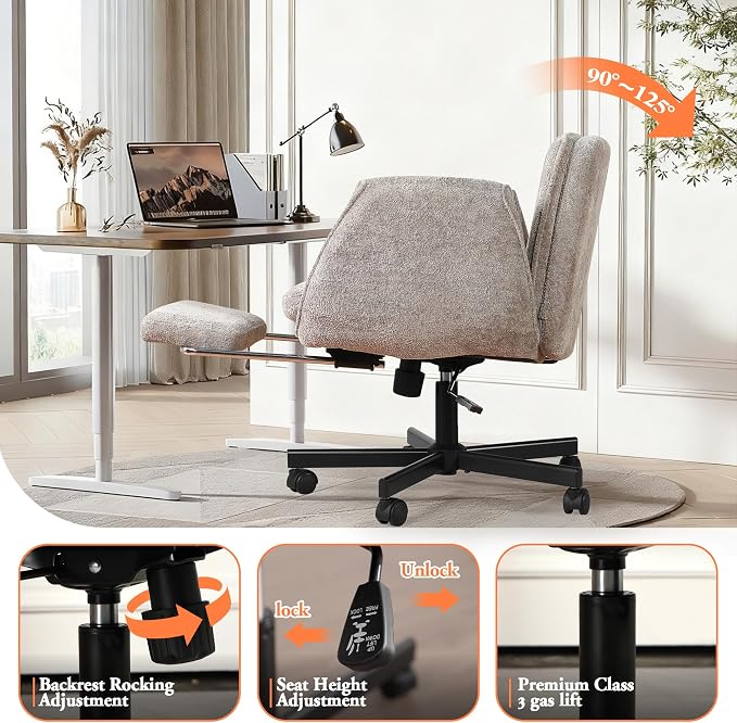 Criss Cross Chair with Footrest & 5 Level Folding Arms Full Relaxation, Wide Cross Legged Office Chair for Home Office, Comfy Swivel Desk Chair with Ottoman, Chenille Vanity Chair (Grey)