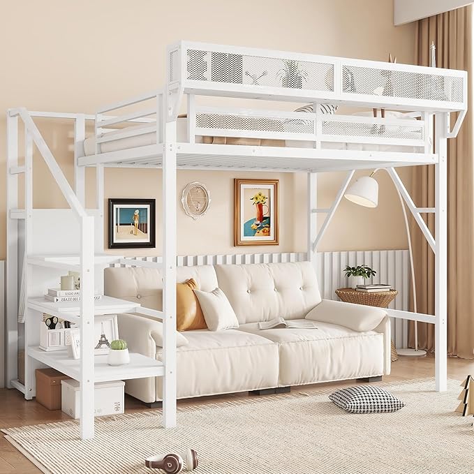 KEIKI Twin Size Metal Loft Bed Frame with Convertible Staircase, Built-in Storage Shelves & Wardrobe, Loft Bed with Solid Slats & Guardrail, No Box Spring Required, Easy Assembly, for Bedroom, White