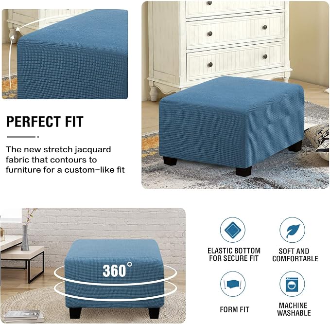 H.VERSAILTEX Square Ottoman Covers Ottoman Slipcovers Folding Storage Stool Furniture Protector Form Fit with Elastic Bottom, Stretch High Spandex Small Checks Jacquard Fabric(Large,Dusty Blue)