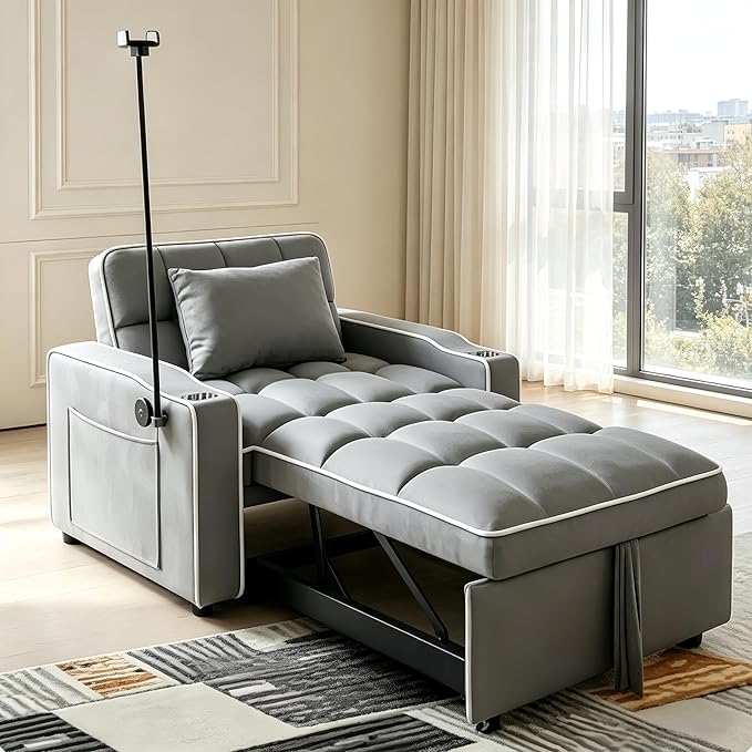 Sleeper Chair, Convertible Pull Out Chair Sleeper with Bracket and Cup Holder, Chairs Bed Sleepers with USB Ports for Adults, 3 in 1 Single Sofa Bed for Small Spaces, Living Room, Gray