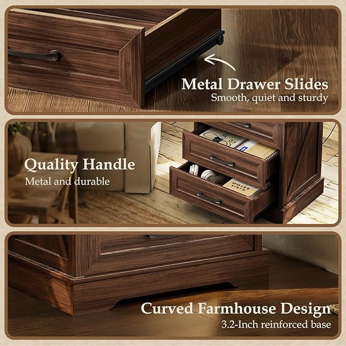 AODK 24 Inch Farmhouse Nightstands with Charging Station, Wide Bedside Tables with Three Drawers, Bed Side Table with Storage, End Tables with Outlet and USB for Bedroom, Living Room, Dark Walnut