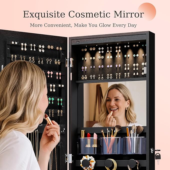 Unisakey Mirror Jewelry Cabinet,Lockable Wall or Door Mounted Jewelry Armoire Organizer With Built-up Mirror,LED Lights, Drawers,Cosmetic Trays,Shelves, 14.4"x3.15"x 43.1"（Black）