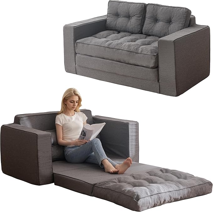 YOSHOOT Loveseat Sleeper Sofa,55" Convertible Sofa Bed Couch Futon Couches for Living Room,3-in-1 Pull Out Floor Couch with Backrest and Pillows, Dark Grey