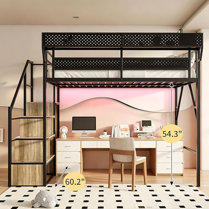 Queen Size Metal Loft Bed with LED Lights and USB Charging Port, Storage Shelf, Reversible Storage Stairs with Wardrobe, Heavy Duty Noise-Free Design, Large Under Bed, No Box Spring Needed