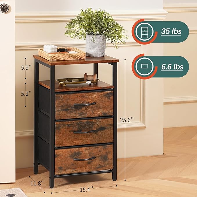 Yoobure Night Stand with Charging Station, 16 Colors LED Nightstand with USB Ports and Outlets, End Table with 3 Fabric Drawers and Storage Shelf, Bedside Tables Small Dresser for Small Space, Brown