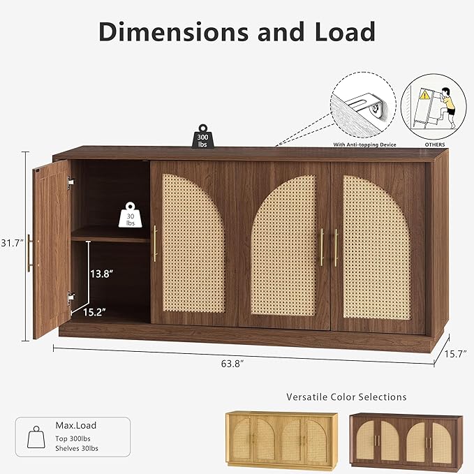 FORTUNETEC 63" Sideboard Buffet Cabinet with Storage, Modern Accent Cabinet with Rattan Arched Doors, Modular Media Console, Boho Credenza for Living Room Kitchen Dining Room Entryway, Walnut