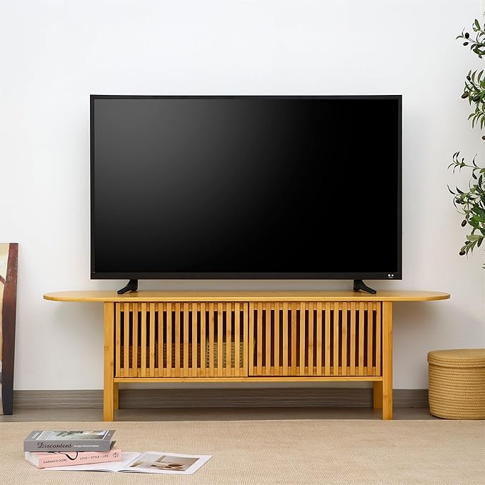 Bamboo TV Stand for TVs up to 65", Accent Entertainment Center with Storage, Media Console Table with Fence Door, Modern TV Stand for Living Room, Bedroom, 55"(L), Burlywood