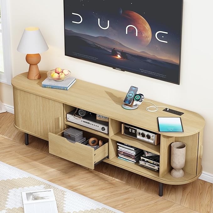 ONBRILL 69" TV Stand with Power Outlet for TVs up to 80", Entertainment Center with Storage and Drawer, TV Console with Adjustable Shelves and Sliding Door, TV Stand for Living Room, Bedroom, Oak