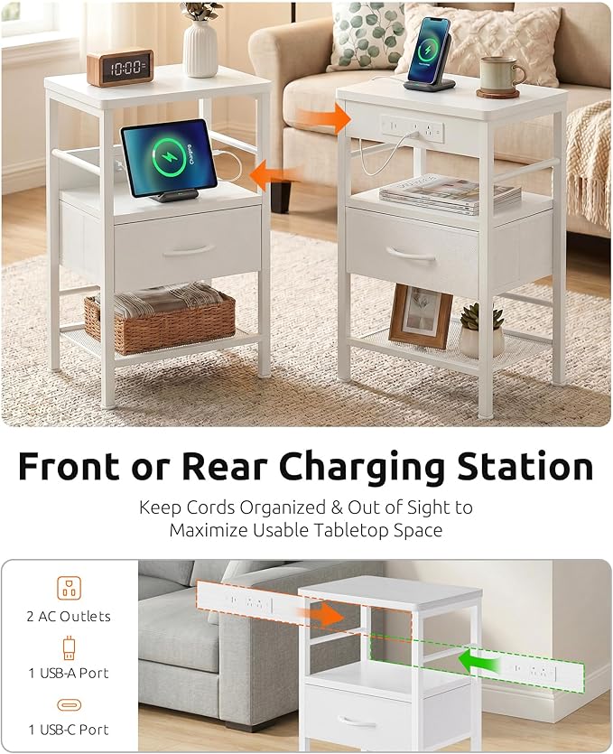 Lazzanto Nightstands Set of 2 with Charging Station, Bed Side Tables with Open Shelf & Hooks, End Tables with USB-C USB-A Ports AC Outlets, Night Stand for Bedroom with Fabric Drawer, White
