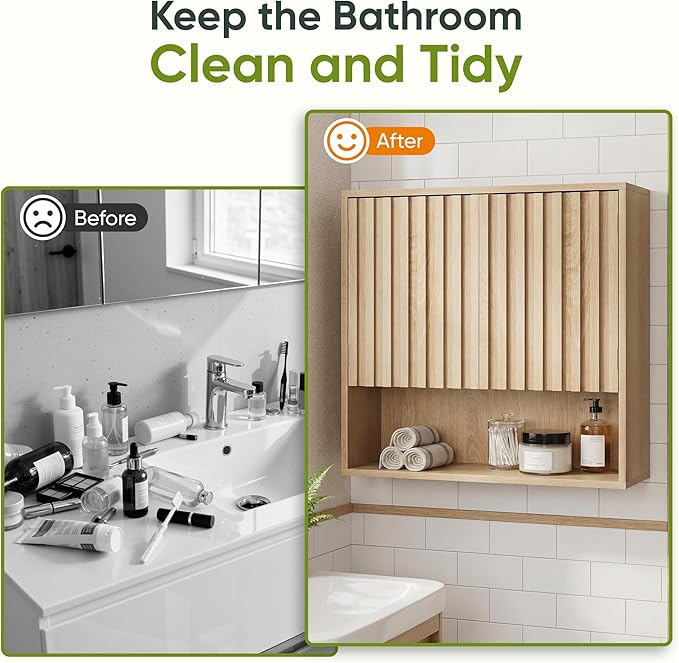Smart FENDEE Bathroom Wall Storage Cabinet with Fluted Doors, Medicine Cabinet with Adjustable Shelf, Over The Toilet Storage Cabinet for Laundry Room & Kitchen & Living Room, Natural