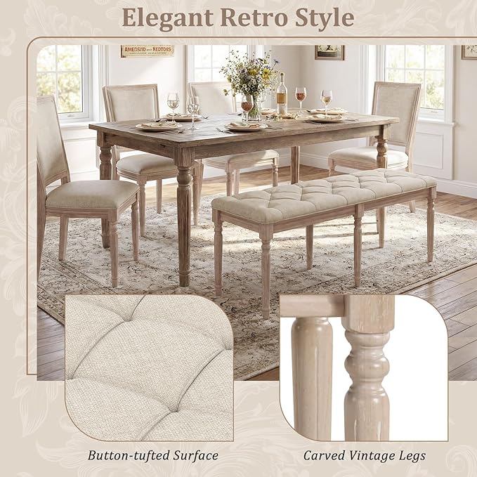 Giantex 47.5-inches Upholstered Dining Bench, 2-Pack Button-Tufted Table Bench with Carved Rubber Wood Legs, Padded Seat, Load 440Lbs, Vintage End of Bed Ottoman for Entryway, Living Room, Bedroom