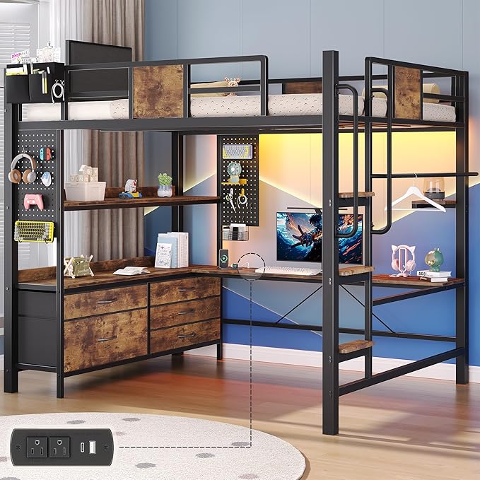 busyaeh Loft Bed with Desk,Loft Bed Full Size with 5 Drawers & 3 Open Shelves and LED Lights,Full Size Loft bed with Charging Station & Thickened Tread Stairs for Adults/Kids/Young Teens,Vintage Brown