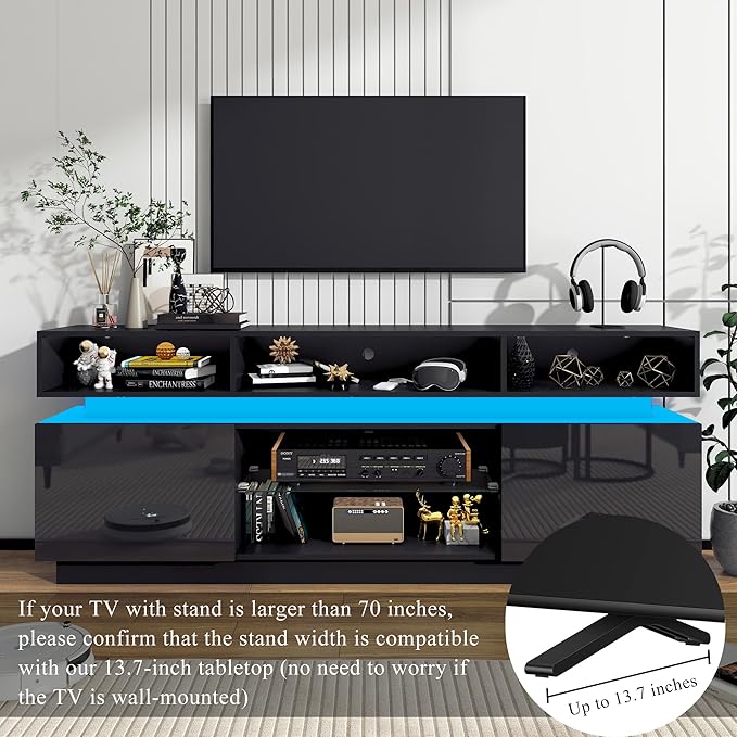 chartustriable LED TV Stand for 80 Inch TV, Modern Tall Entertainment Center with Power Outlets, High Gloss TV Stand, Gaming TV Media Console with Glass Shelf for Living Room, 71 Inch, Black