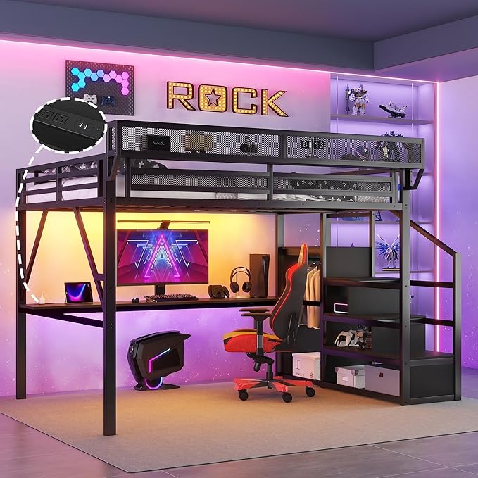 Mirightone Queen Size Loft Bed with Desk and Light, Metal Loft Bed Frame with Stairs and Bedside Shelf, Tall Lofts Beds with Storage Shelves and Wardrobe for Adults Studio Apartment, Black
