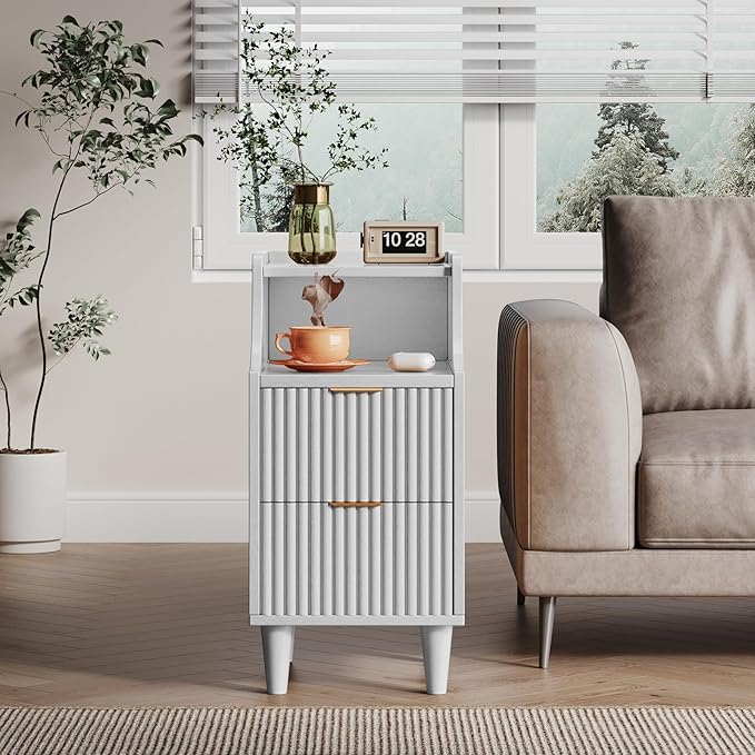 Narrow Nightstand Set of 2,11.8" Fluted Bedside Table Set of 2, Slim Side End Table with 2 Drawers, Wooden Bedside Table, White Wood Night Stand for Bedroom Livingroom Sofa Office