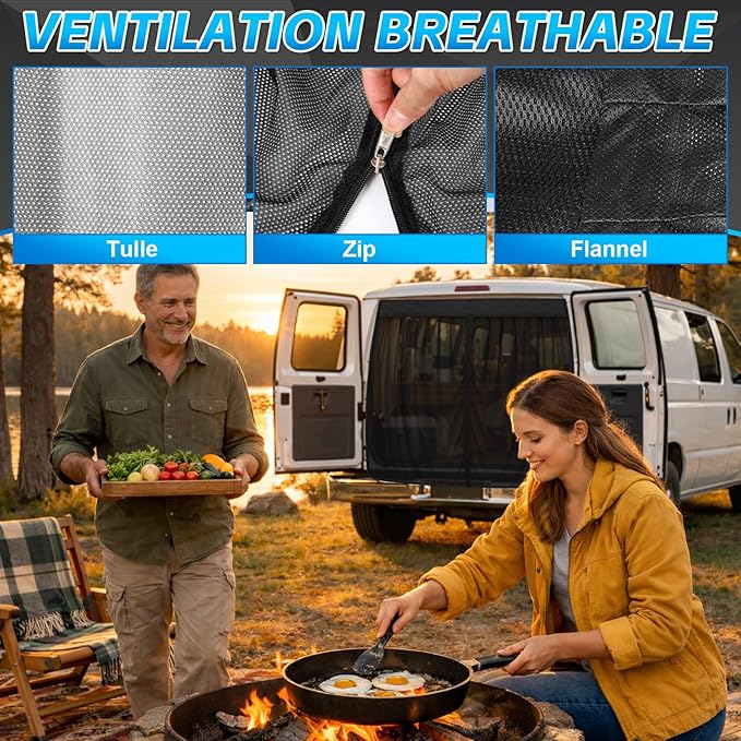 Magnetic Van Screen for Ford Econoline/Ford E-Series E-150 E-250 E-350 E450 1992-2005 - Mosquito Net with Zipper for Back Door - 60" H x 63" W