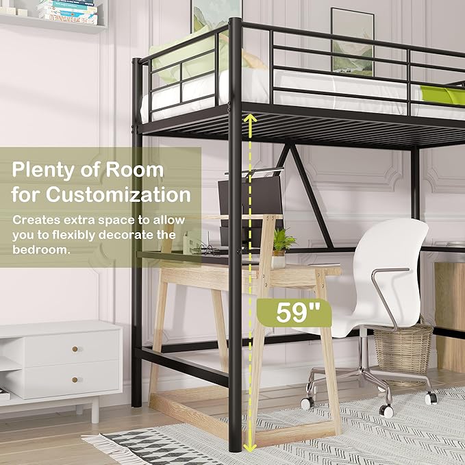 VECELO Loft Bed Twin Size, Metal Bedframe with Removable Ladder and Safety Guardrail, No Box Spring Needed, Space Saving, Noise Free, Matte Black